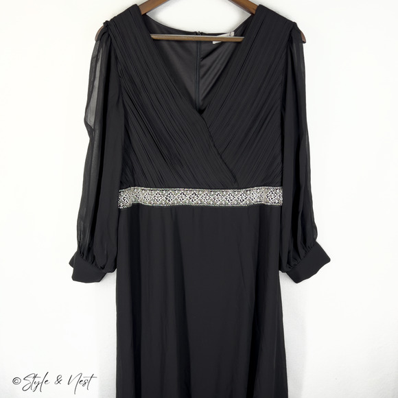 Women's Black Evening Gown Chiffon Beading Sheer Ethereal Luxe Dress Size 18 - Picture 6 of 8